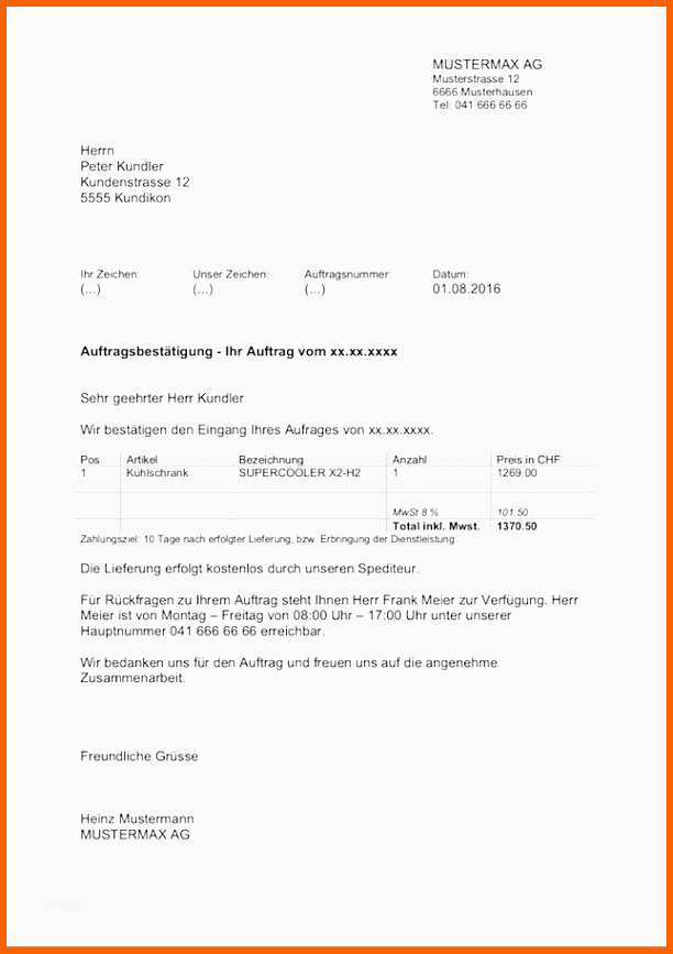 Allerbeste 17 Auftragsschreiben Muster Kostenlos Vorlagen123