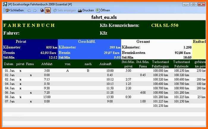 Allerbeste Excel Vorlage Fahrtenbuch 2009 Download