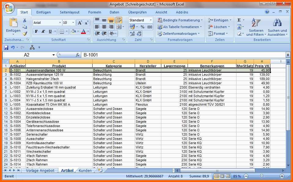 Allerbeste Kostenangebot Mit Excel Mit Verseis Auf Artikelliste