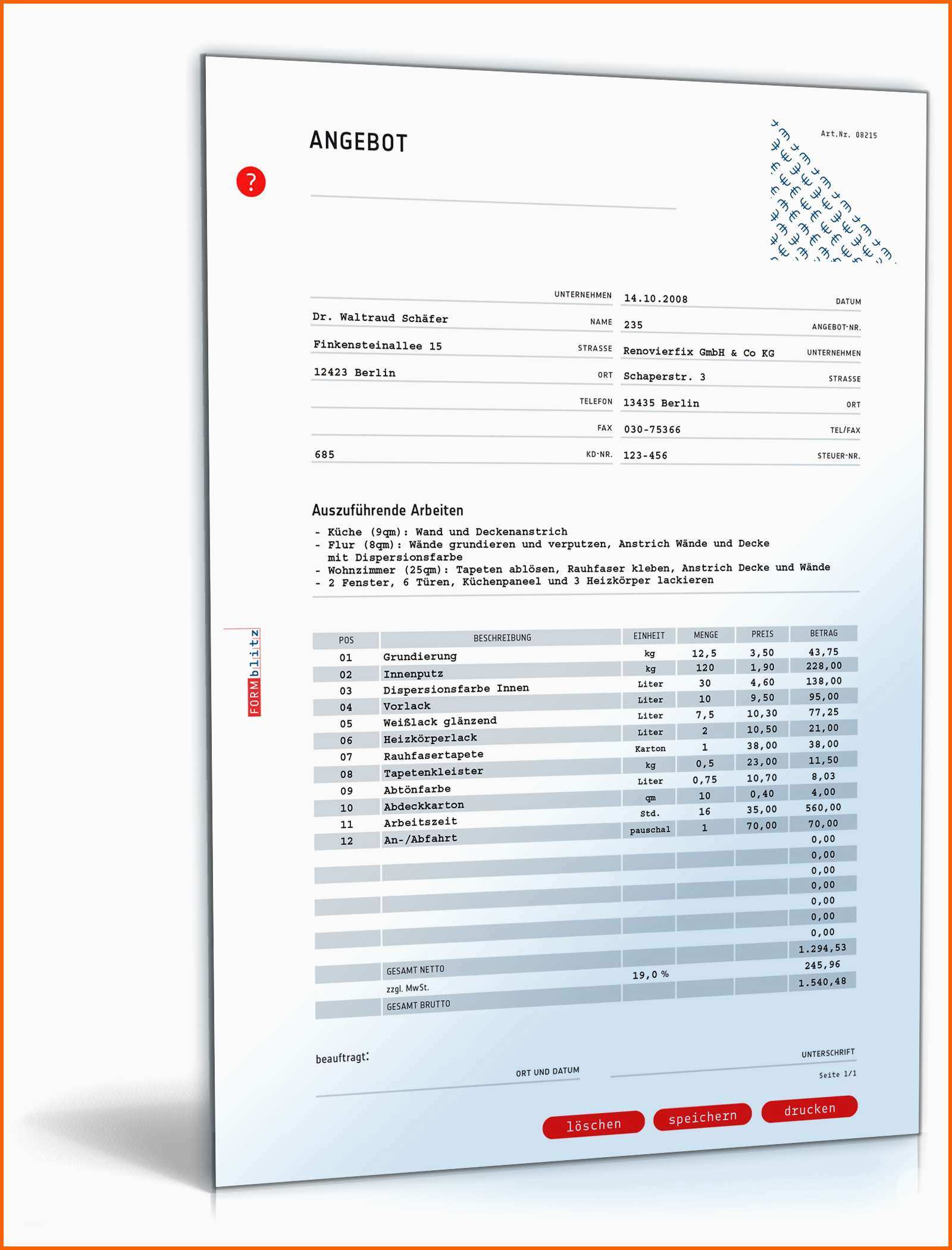Allerbeste Kostenvoranschlag Angebot Malerbetrieb Vorlagen Zum Download