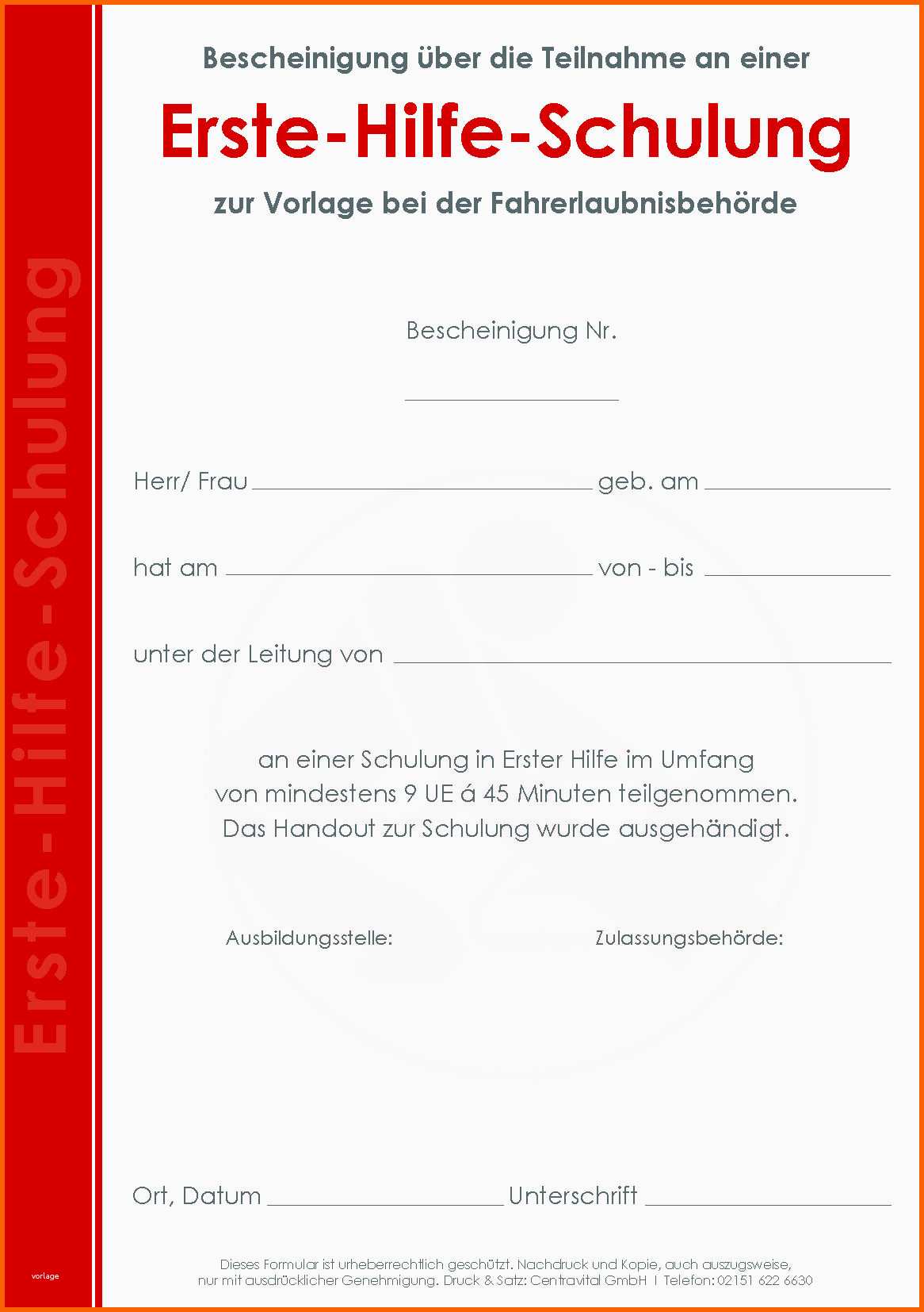 Allerbeste Lehrgangsbescheinigung Erste Hilfe Schulung 9 Ue