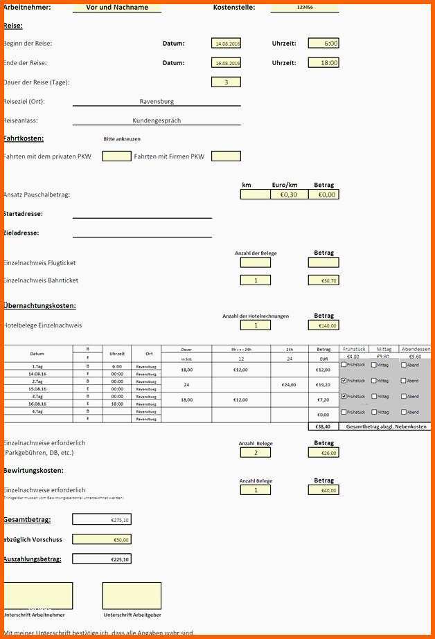 Allerbeste Reisekostenabrechnung formular Excel Kostenlos 2017