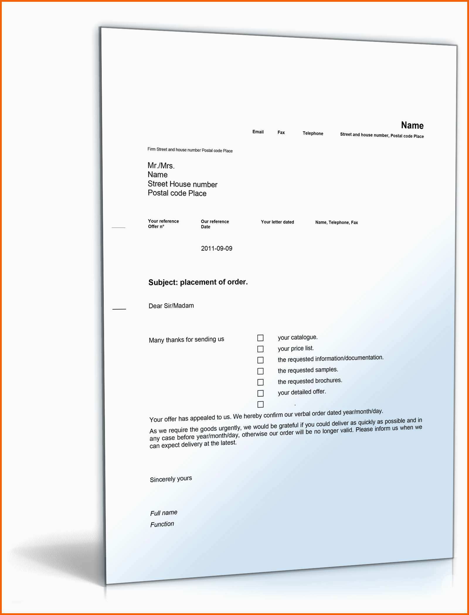 Angepasst Auftragsbestätigung Auf Englisch order Placement