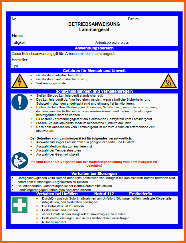 Angepasst Betriebsanweisung Laminiergerät sofort Download