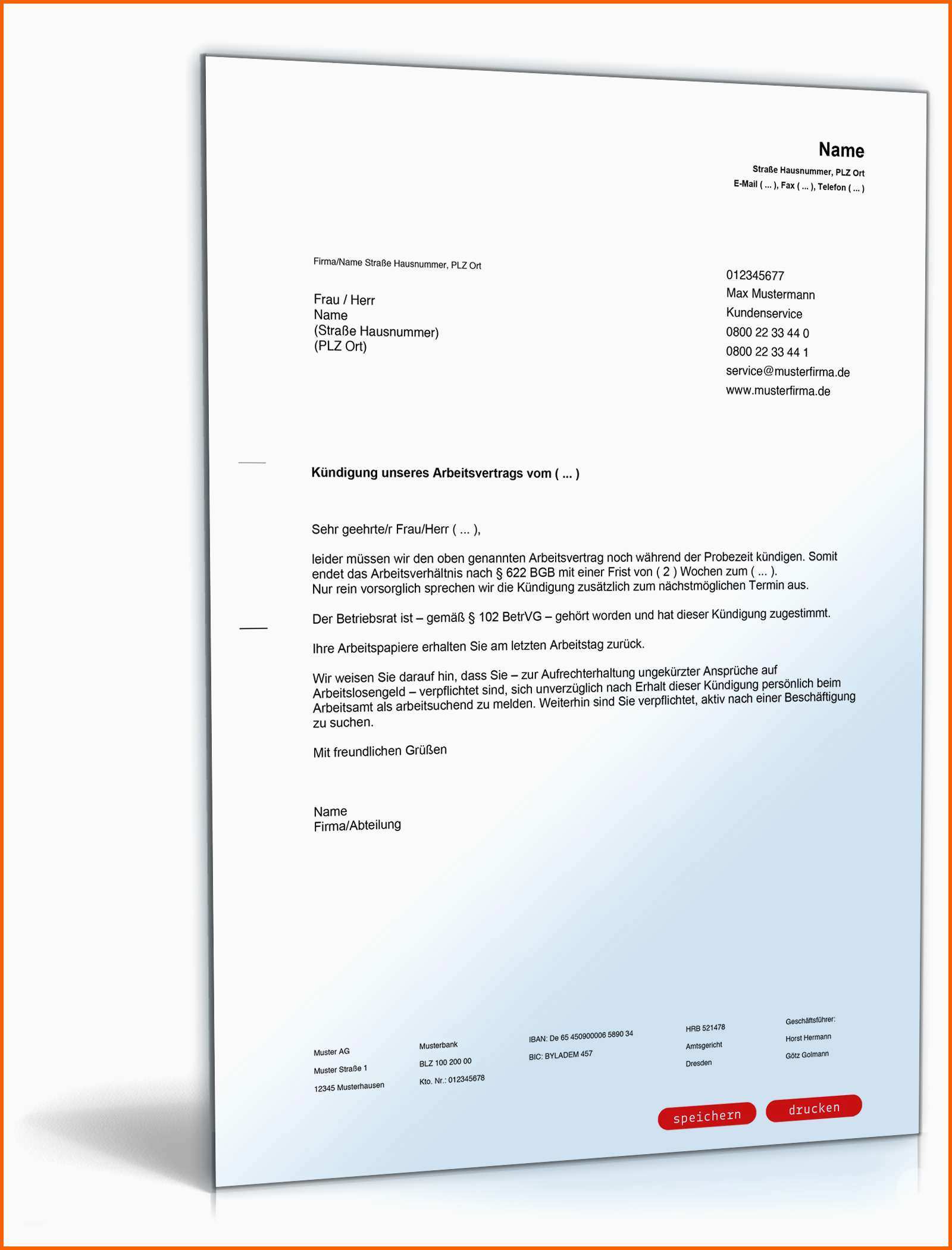 Angepasst Muster Für Fristgemäße Kündigung Arbeitsvertrag In Probezeit