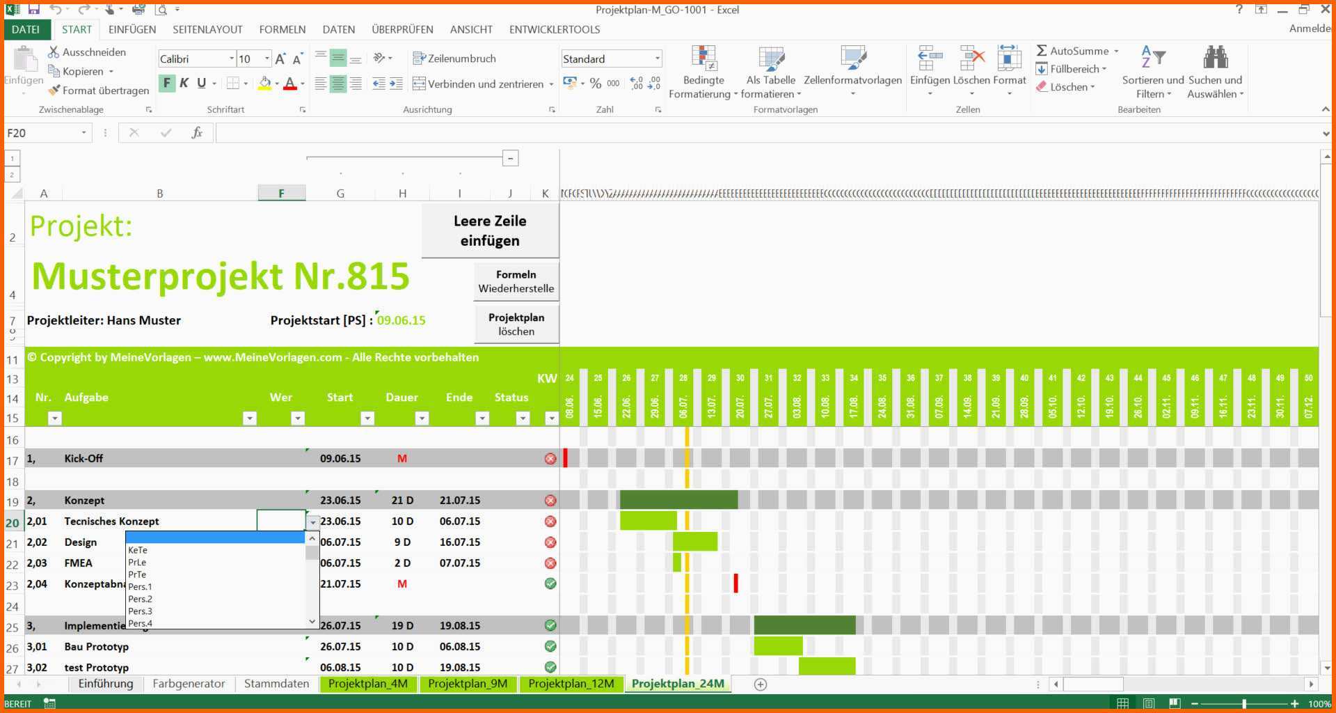 Angepasst Projektplan Excel