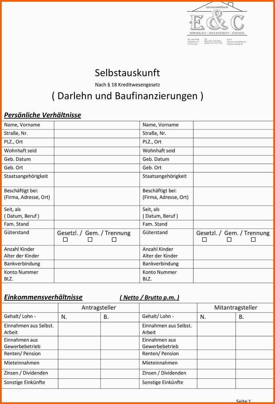 Angepasst Selbstauskunft Zur Vorlage Bei Banken Und Übersicht Der
