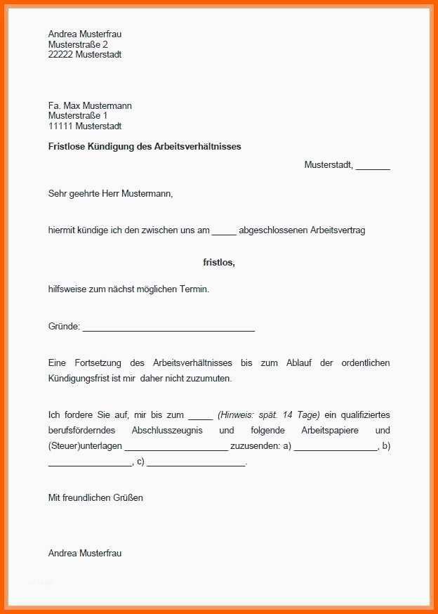 Angepasst Vorlage Fristlose Kündigung Arbeitnehmer Kündigung Garage