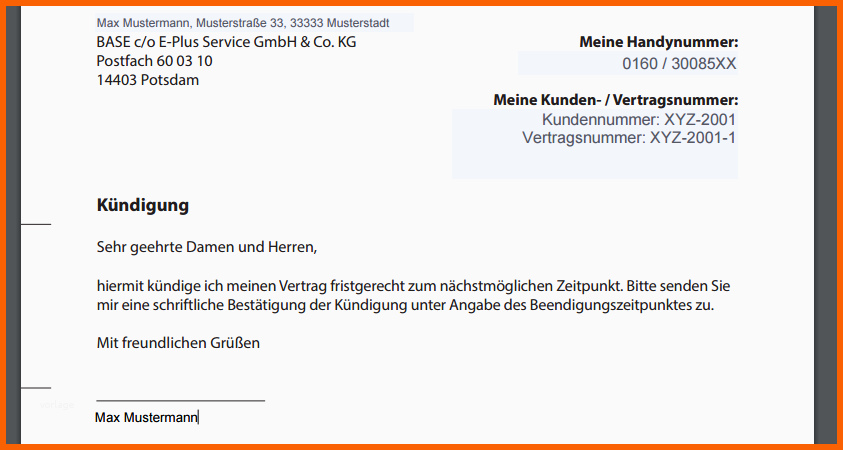 Atemberaubend Base Handyvertrag Kündigen Muster Vorlagen Und Anschrift