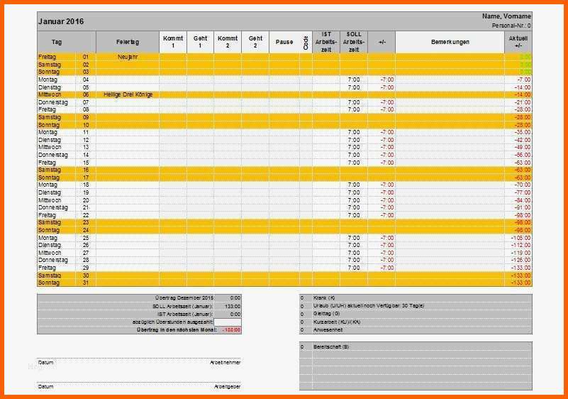 Atemberaubend Excel Arbeitszeitnachweis Vorlagen 2018dokumentation
