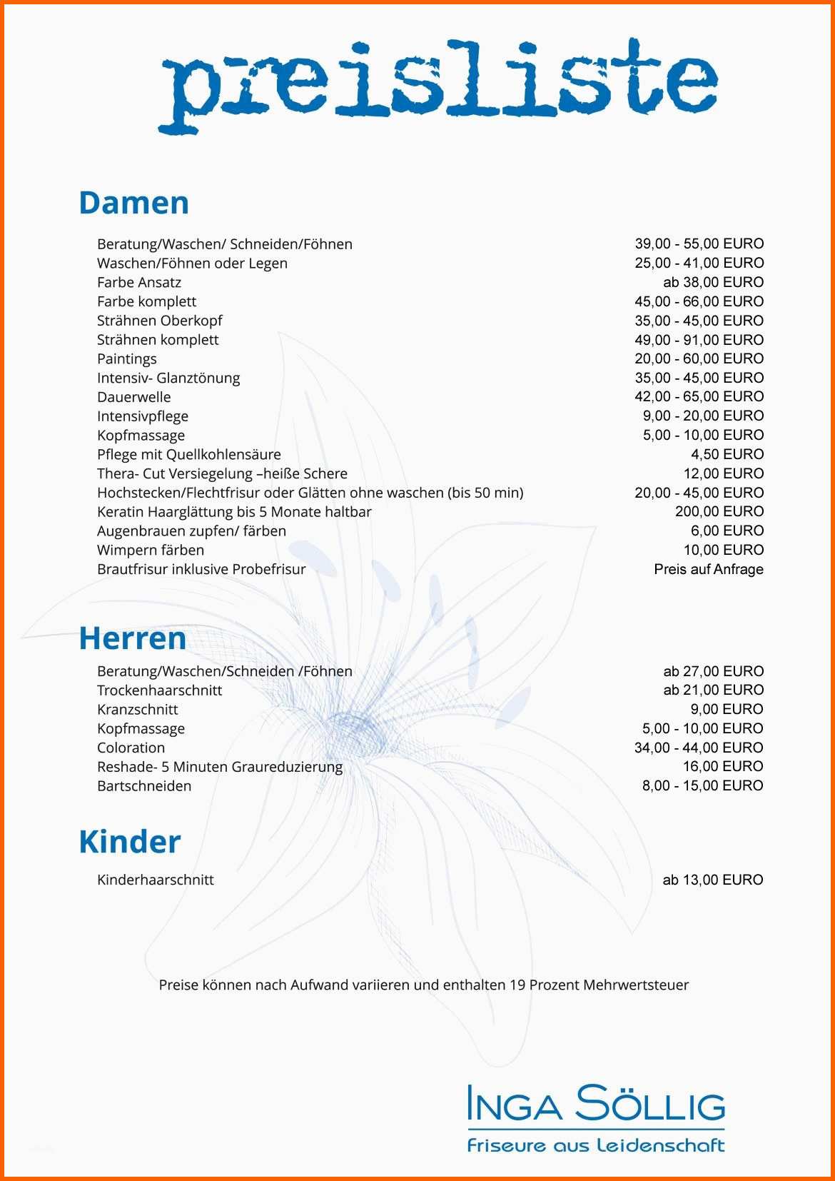 Atemberaubend Friseur Preisliste 2018 – Friseur