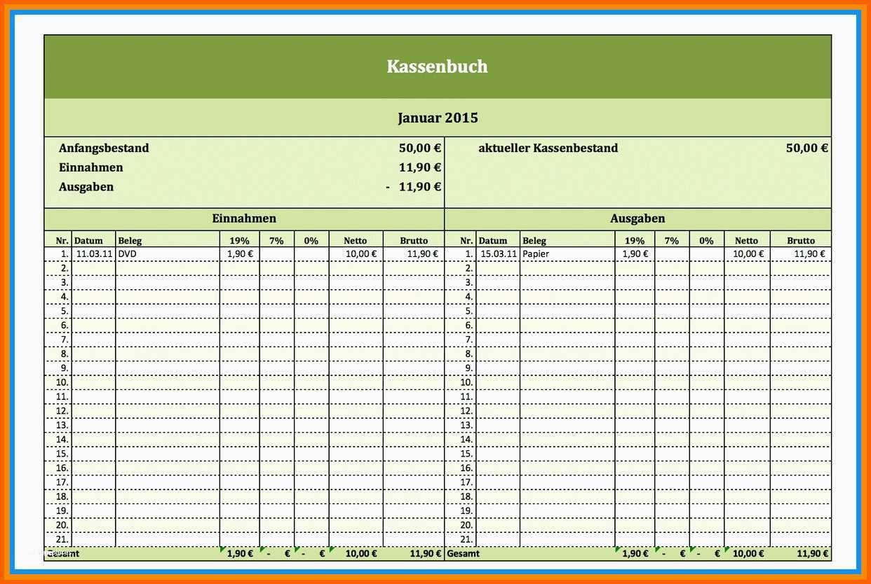Atemberaubend Kassenbuch Mit Excel