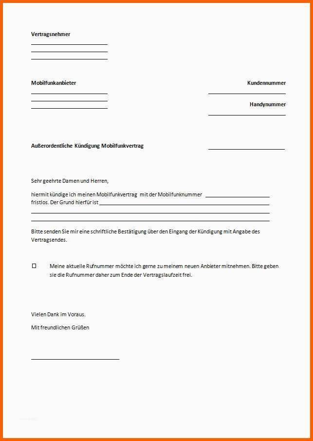 Atemberaubend Kündigung Handyvertrag Vorlage Text Word