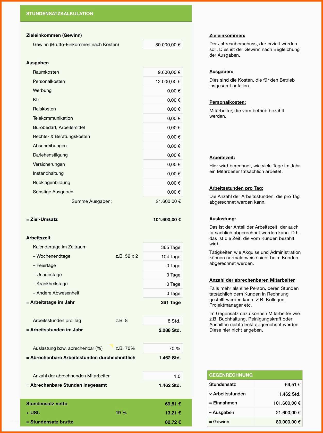 Atemberaubend Numbers Vorlage Stundensatzkalkulation