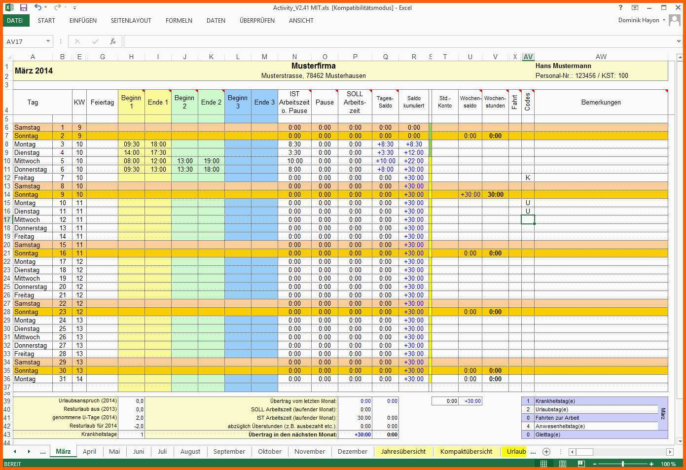 Atemberaubend Zeiterfassung In Excel Activity Report Download Chip