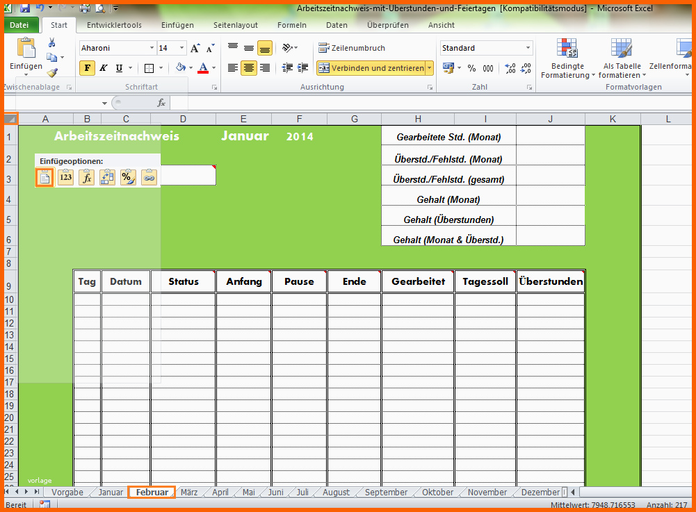 Außergewöhnlich Arbeitszeitnachweis Vorlage Mit Excel Erstellen Fice