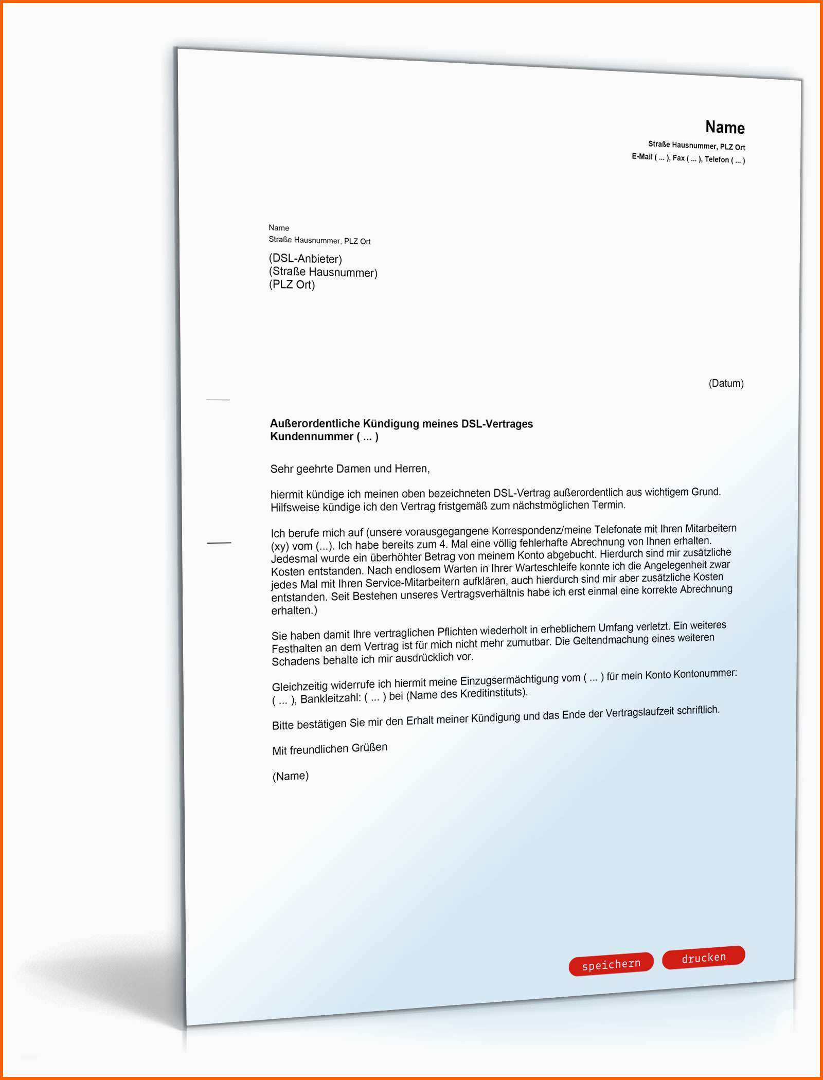 Außergewöhnlich Außerordentliche Kündigung Dsl Muster Vorlage Zum Download