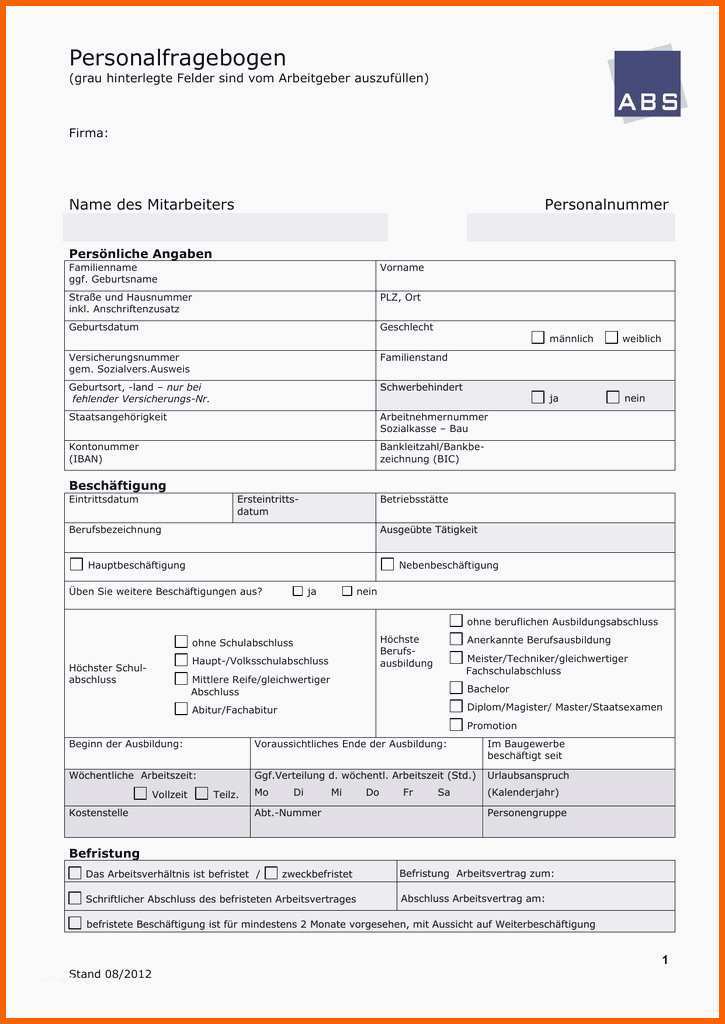 Außergewöhnlich Frisches Personalstammblatt Vorlage