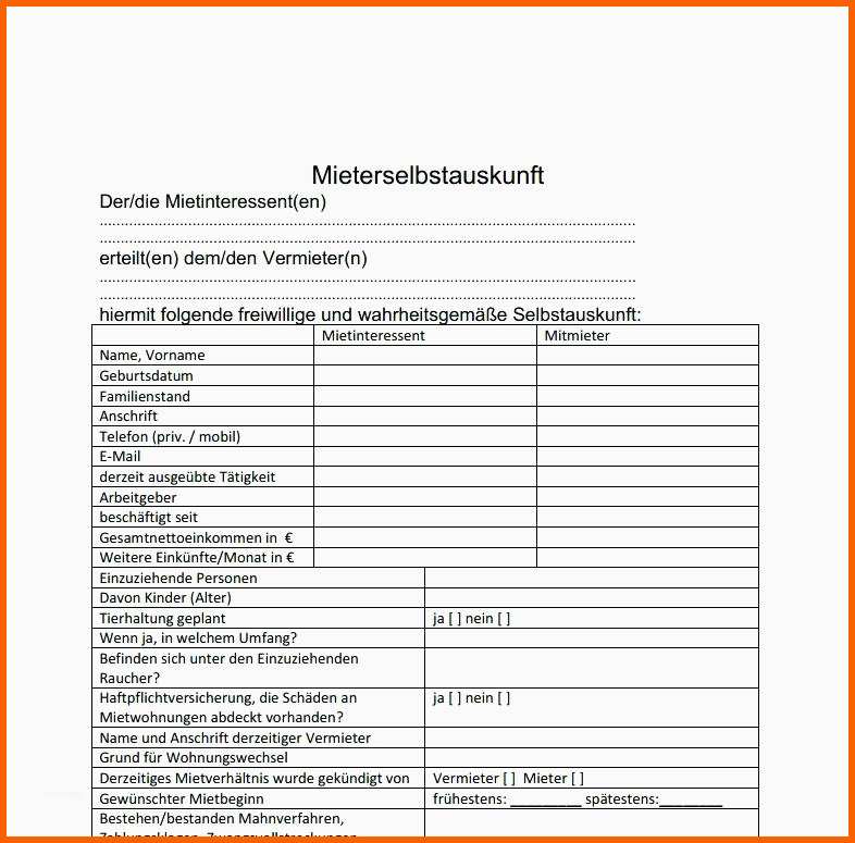 Außergewöhnlich Selbstauskunft Mieter Vorlage
