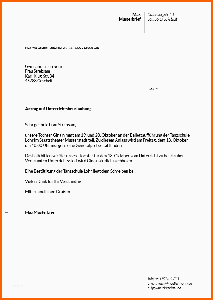 befreiung vom unterricht vorlage