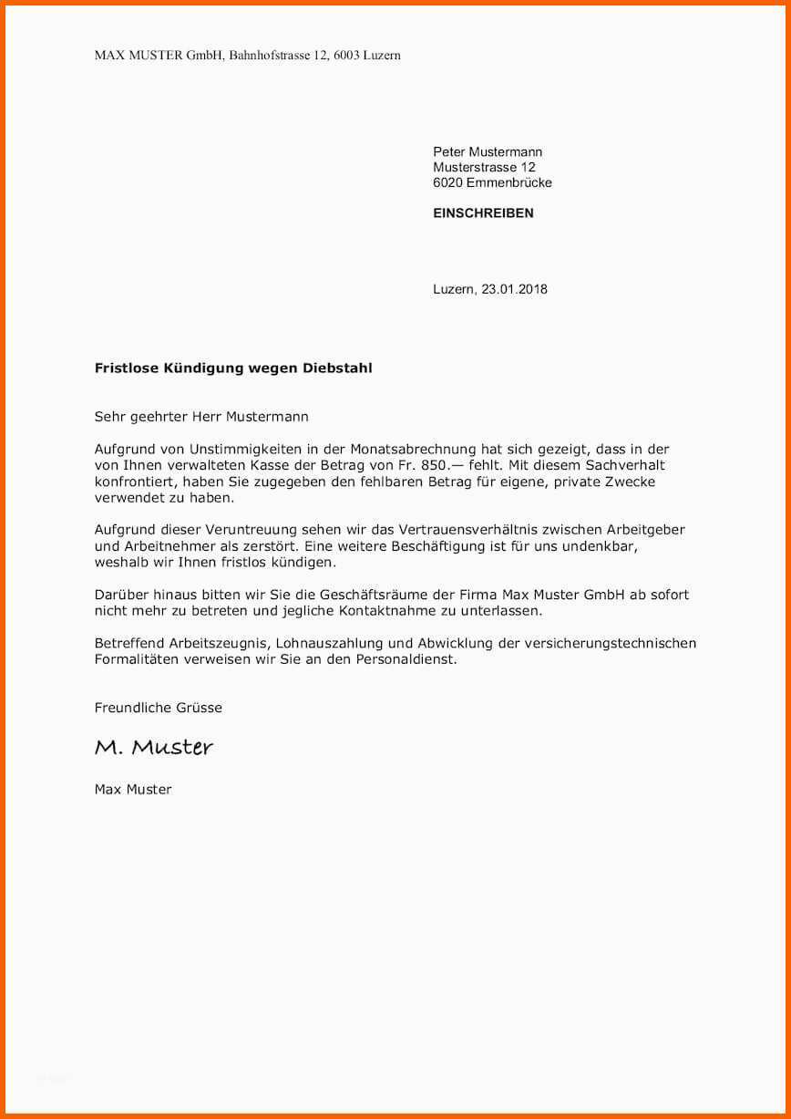 Ausgezeichnet Fristlose Kündigung Durch Arbeitgeber Schweiz Vorlage