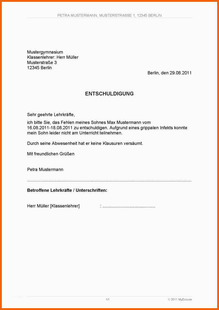 Ausgezeichnet Musterentschuldigung Für Schule