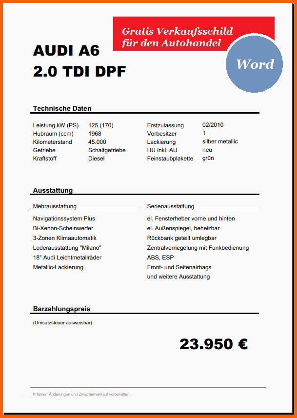 Ausgezeichnet Verkaufsschild Für Das Auto "modena" Word Datei