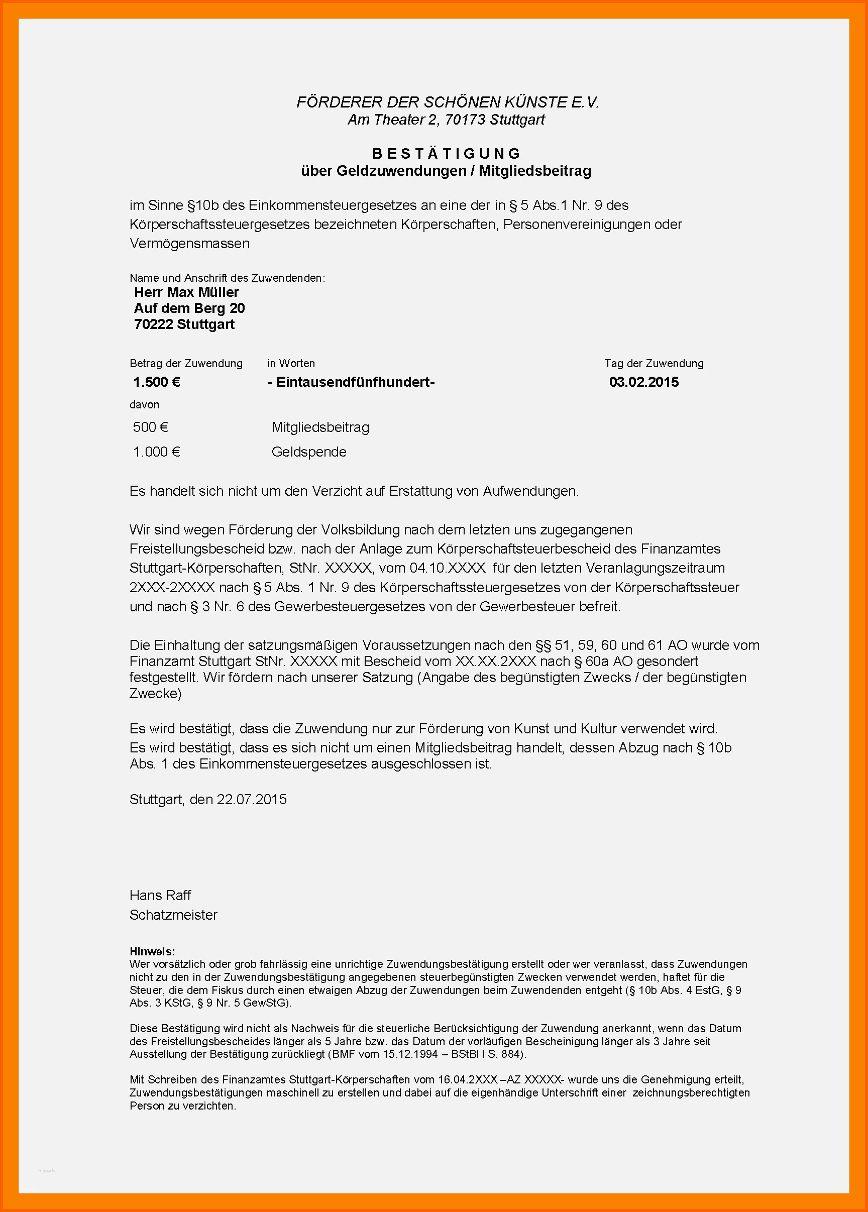 Ausnahmsweise 15 Spendenbescheinigung Verein Vorlage