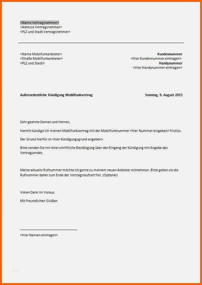 Ausnahmsweise änderung Adresse Vorlage Großartig Kündigung Handyvertrag