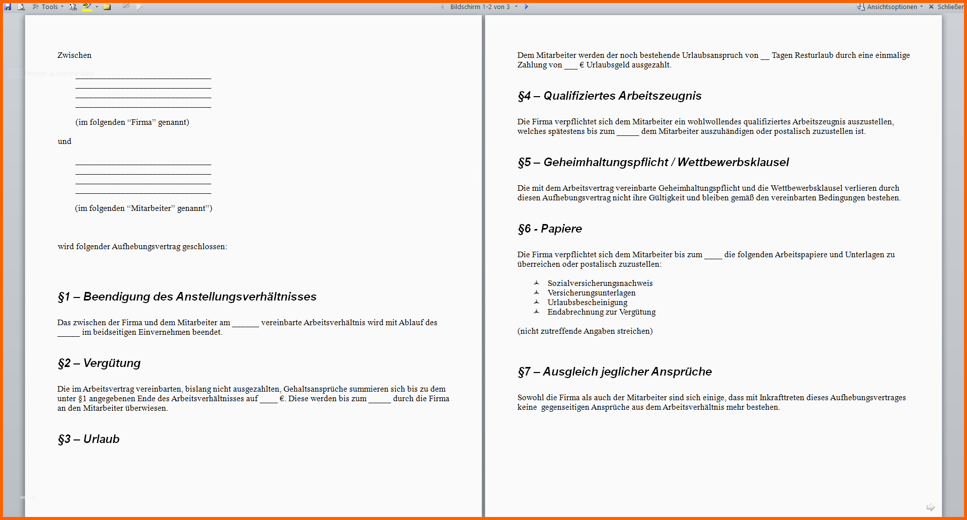 Ausnahmsweise Aufhebungsvertrag Vorlage › Aufhebungsvertrag Muster