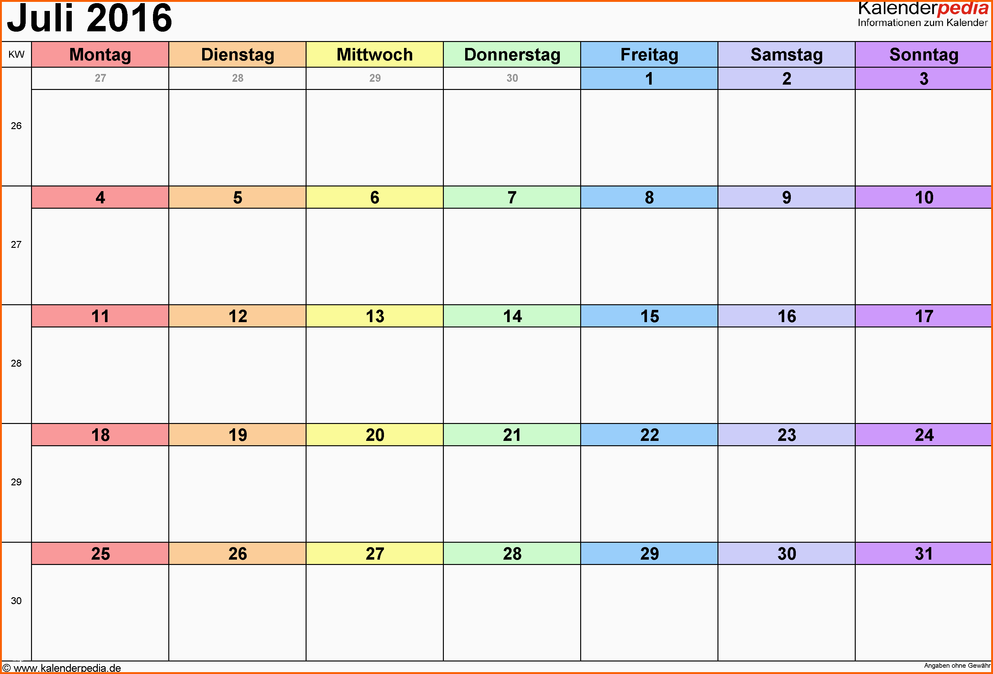 Ausnahmsweise Kalender Juli 2016 Als Excel Vorlagen