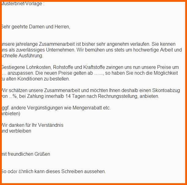 Ausnahmsweise Musterbrief Freundliche Preiserhöhung Musterbriefe Und
