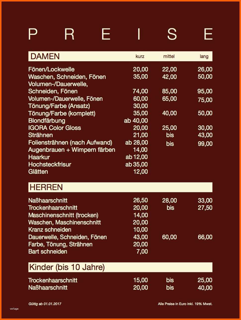 Ausnahmsweise Preisliste Vorlage Friseur Befriedigend Preisliste Mit