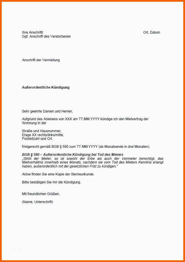 Beeindruckend Kundigung Autoversicherung Vorlage Kündigung Im todesfall