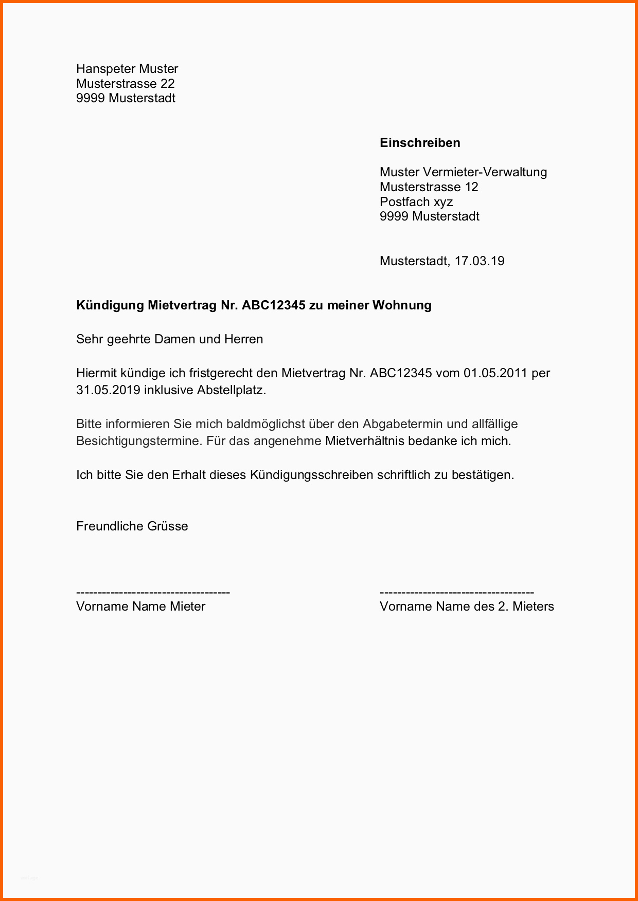 Beeindruckend Kündigung Wohnung Mietvertrag Vorlage