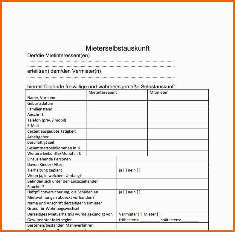 Beeindruckend Mieter Selbstauskunft formular Download