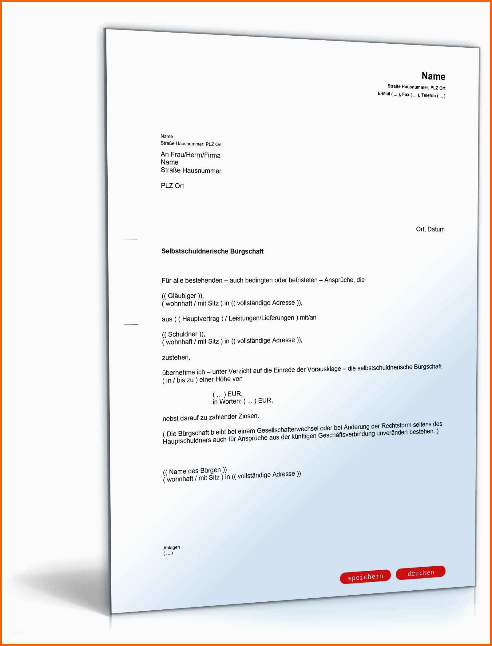 Beeindruckend Selbstschuldnerische Bürgschaft Als Brief Muster Vorlage