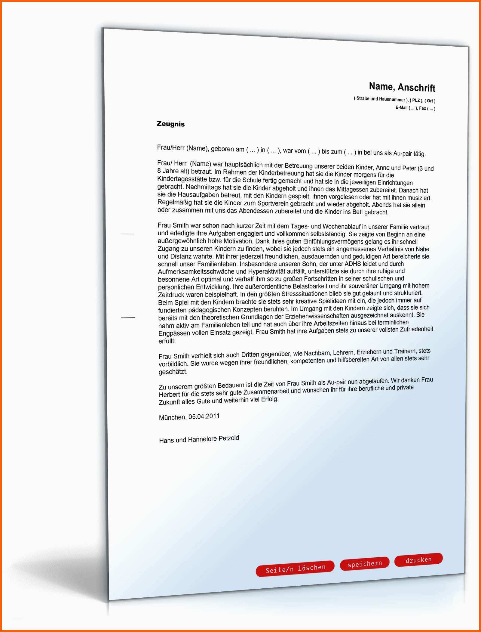Beeindruckend Zeugnis Für Au Pair Rechtssicheres Muster Zum Download