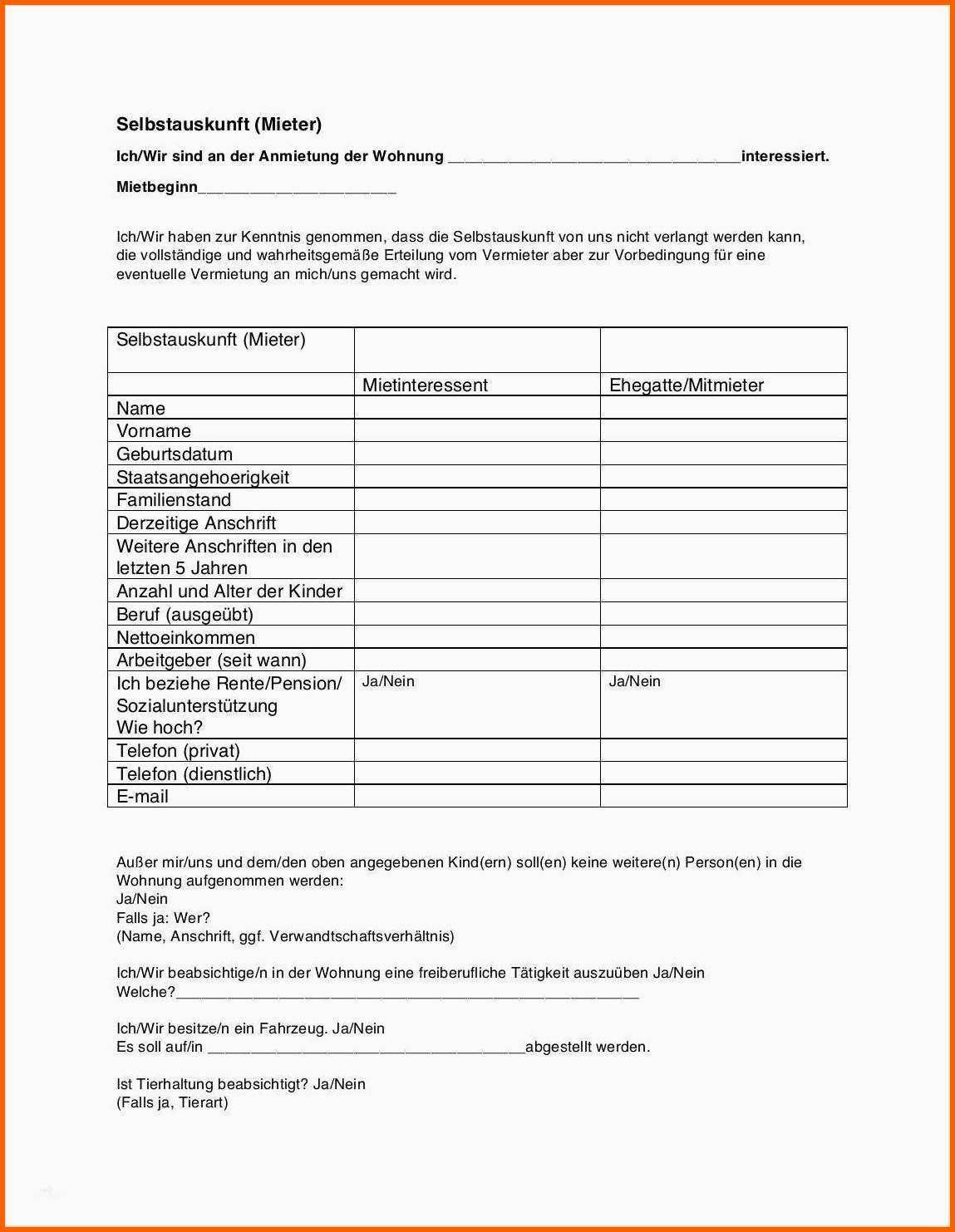Bemerkenswert 15 Selbstauskunft Mieter Vorlage