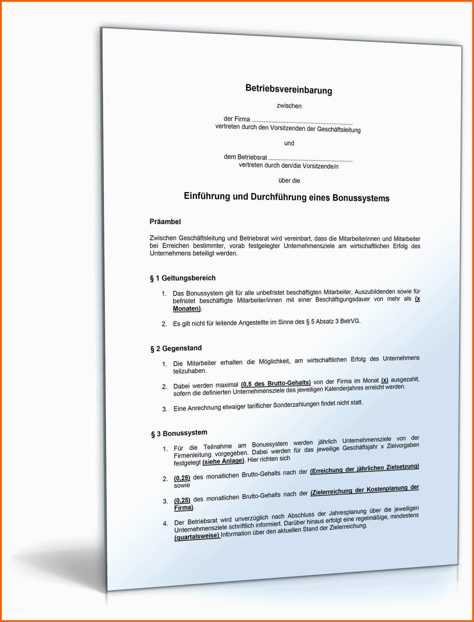 Bemerkenswert Betriebsvereinbarung Bonussystem Muster Vorlage Zum Download