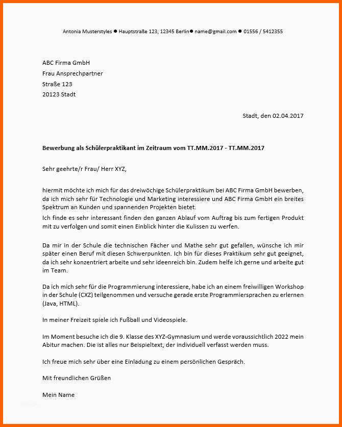 Bemerkenswert Bewerbung Praktikum Muster Schüler 27 Genial Bewerbung