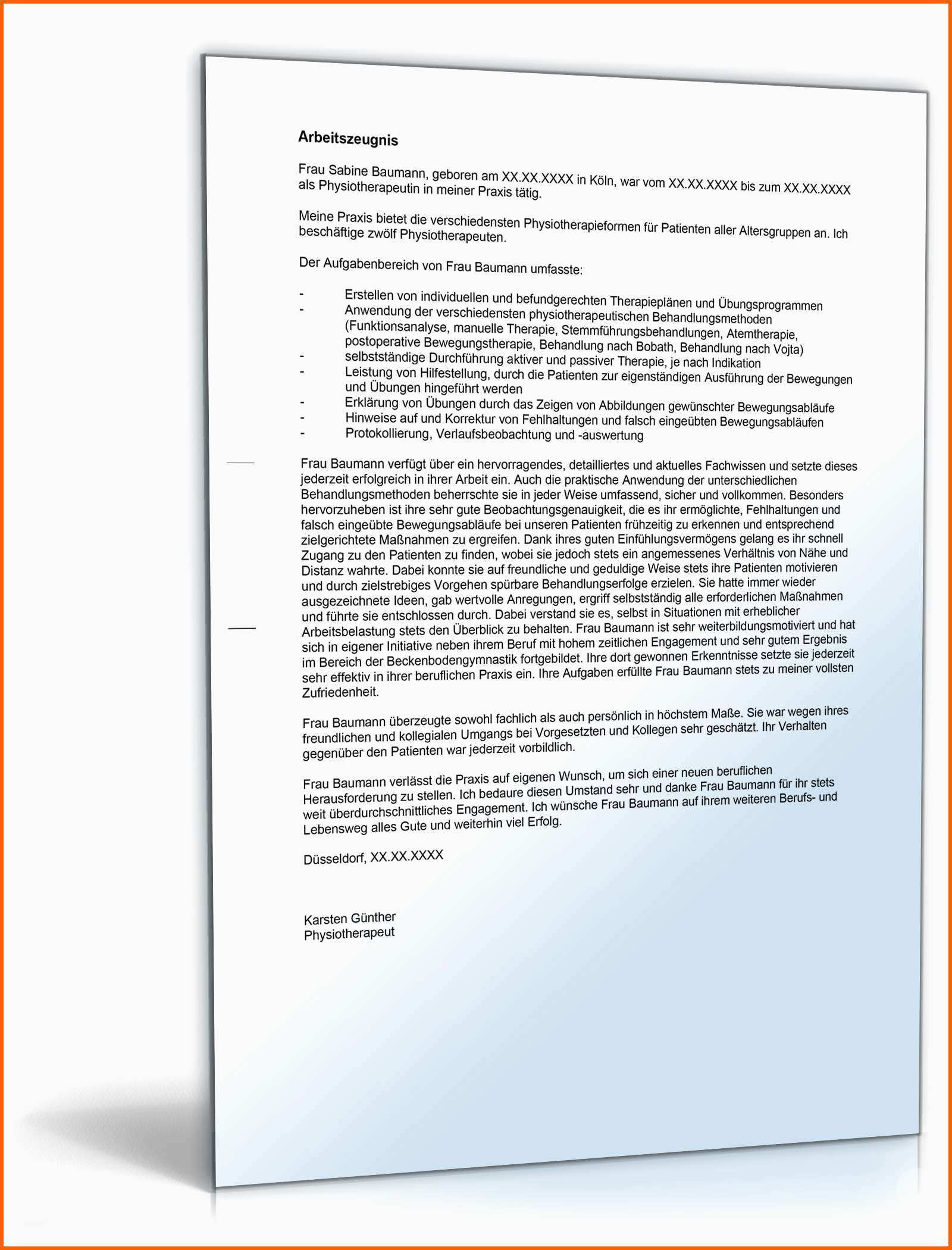 Bestbewertet Arbeitszeugnis Physiotherapeut Note Eins