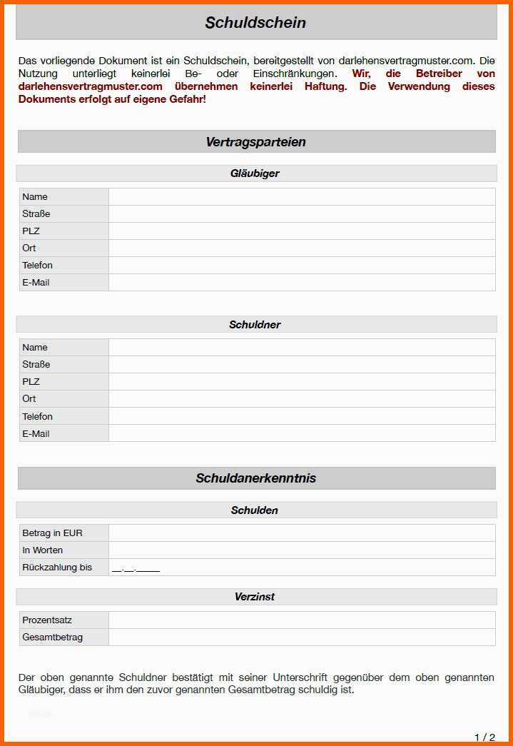 Bestbewertet Schuldschein Vorlage › Darlehensvertrag Muster