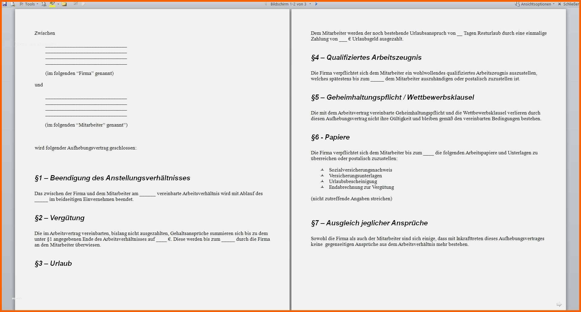 Beste 17 Einfacher Aufhebungsvertrag Vorlage Kostenlos