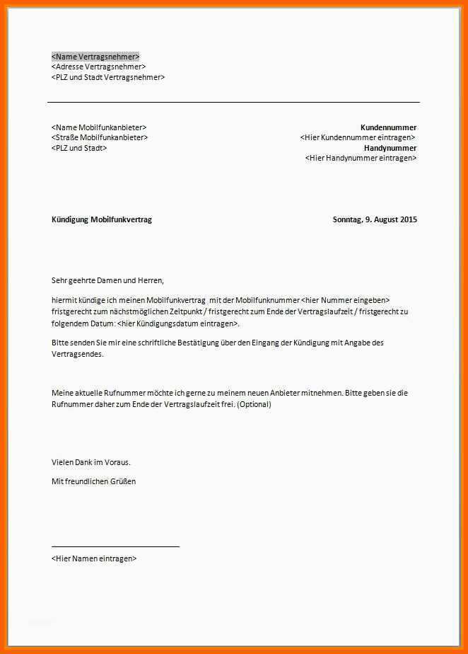 Beste 20 Kündigungsschreiben Vodafone Vorlage