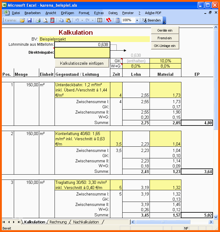 Beste Excel Vorlagen Handwerk Kalkulation Kostenlos Papacfo