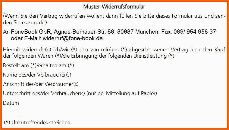 Beste Fonebook Gbr Muster Widerrufsformular