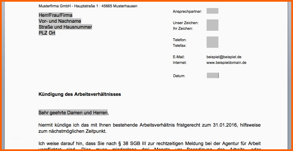 Beste Muster Kündigung Des Arbeitsverhältnisses