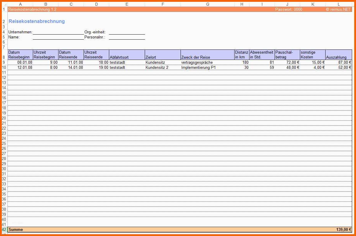 Beste Reisekosten Abrechnung Excel tool