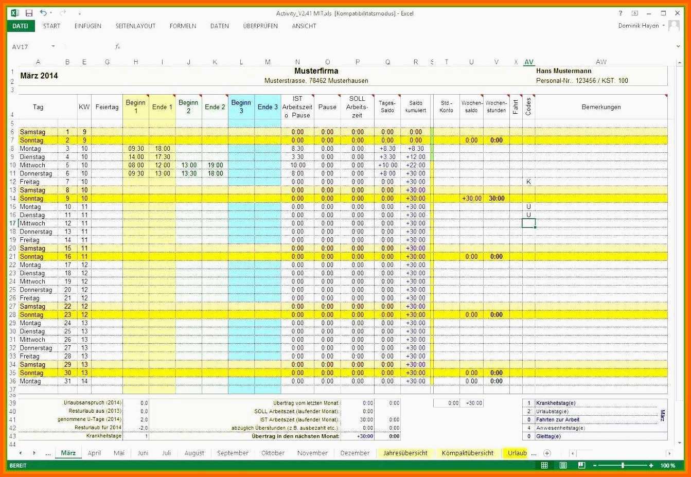 Einzahl 10 Zeiterfassung Excel Vorlage Kostenlos